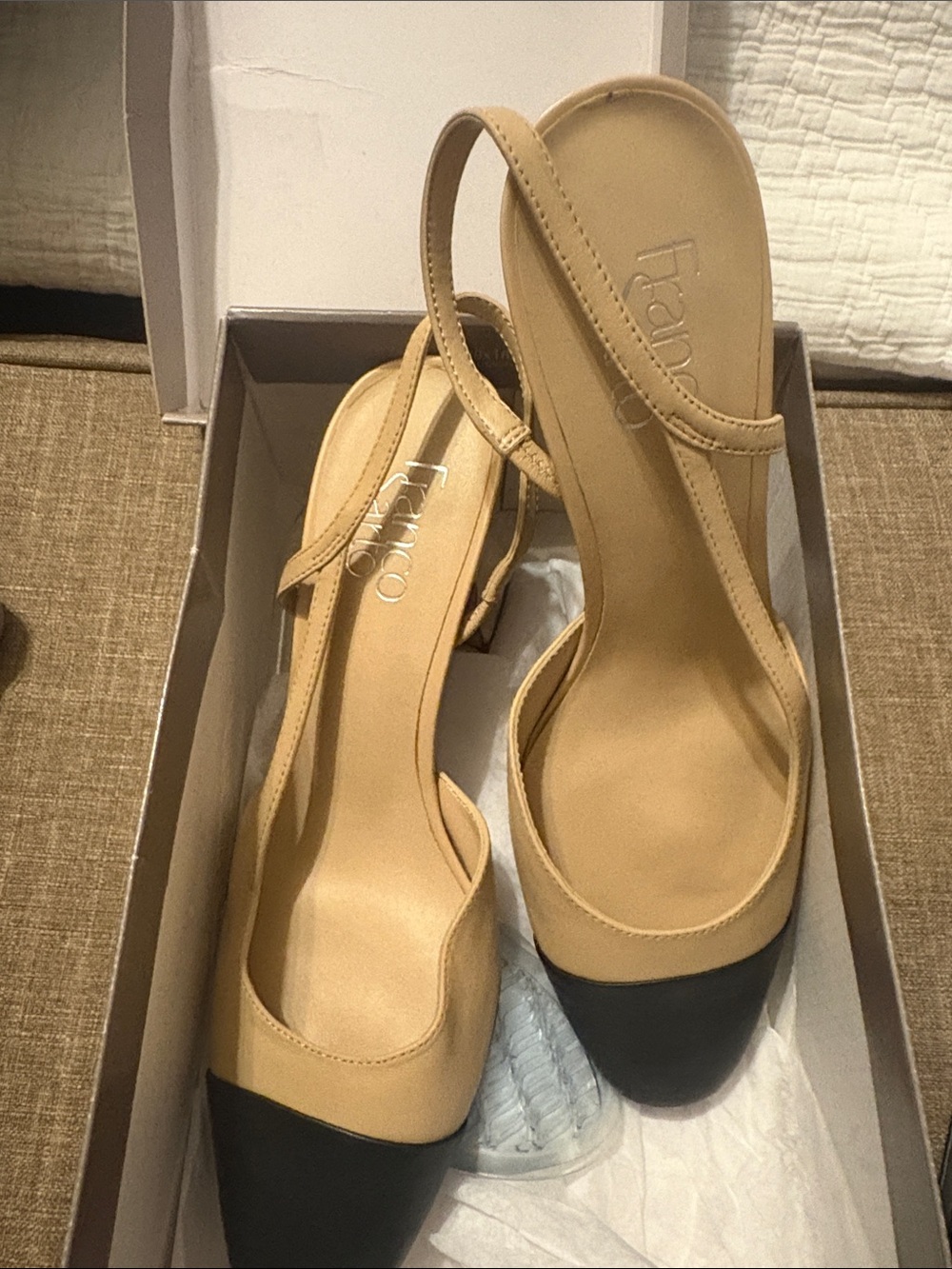 Franco Sarto Two-Tone Slingback Pumps in Tan and Black